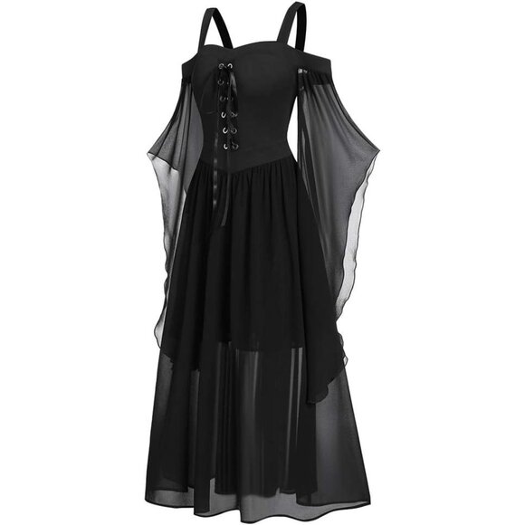 Women's Gothic Punk Cold Shoulder Butterfly Sleeve Christmas Cosplay Party Dress - Picture 3 of 5